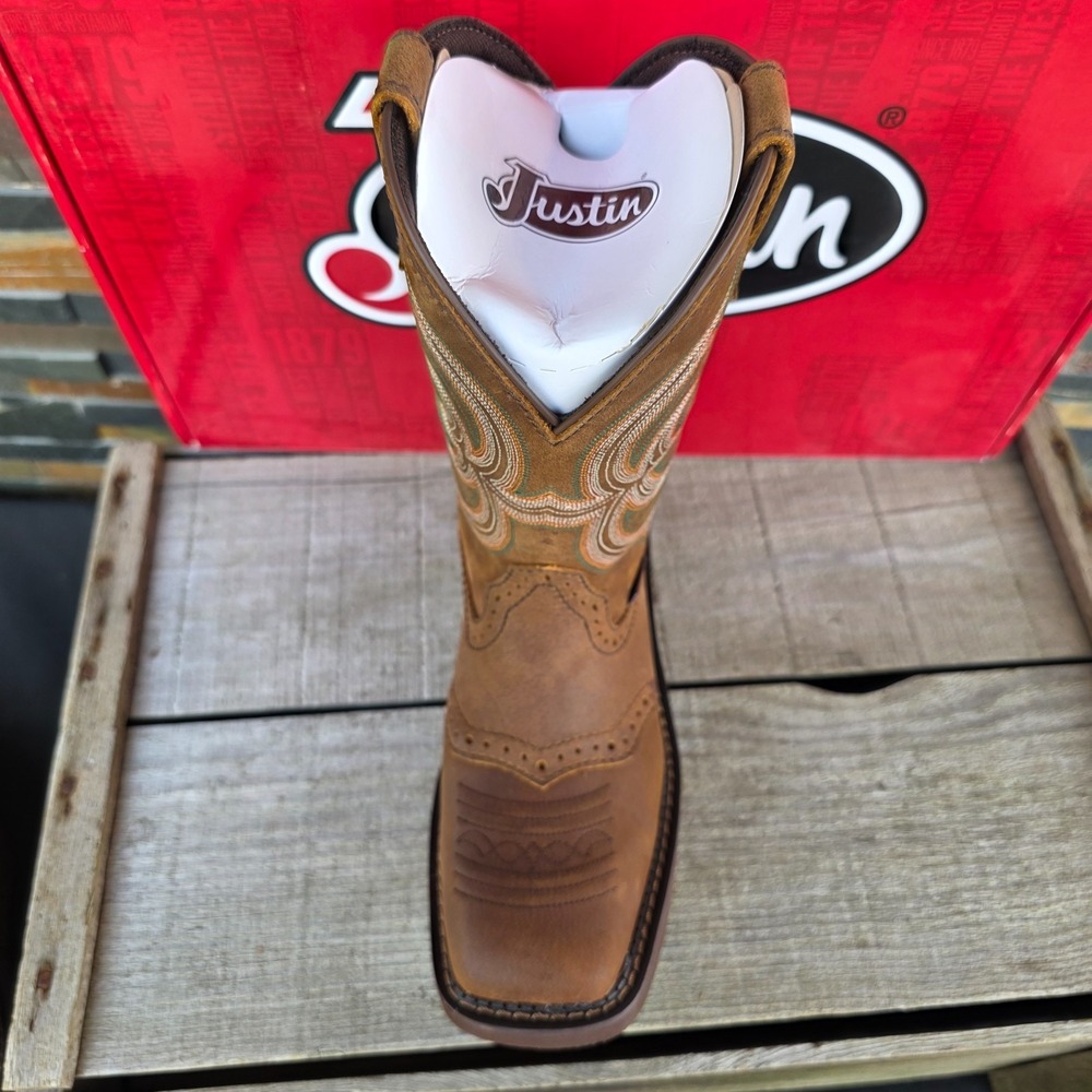 Justin Boots INJI Brown Water Buffalo Wide Square Toe Boots Size 6.5B GY9984 NEW - Picture 12 of 16